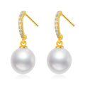 wholesale 14K Gold White Freshwater Pearl Drop Earrings with Diamond Accents-0-0