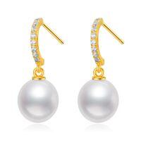 wholesale 14K Gold White Freshwater Pearl Drop Earrings with Diamond Accents-Bar Stud-Pearl\/Moissanite