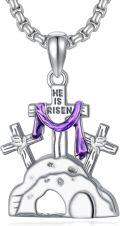 wholesale 925 Sterling Silver He Is Risen Cross Pendant Necklace with Purple Enamel and Rock Base-0-0