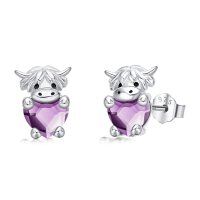 wholesale 925 Sterling Silver Birthstone Highland Cow Stud Earrings Cute Animal Jewelry Gift for Women Girls-Silver-02-Feb