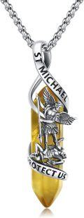 wholesale 925 Sterling Silver Citrine Yellow Stone Saint Michael Angel Protect Us Pendant Necklace Catholic Jewelry-0-0