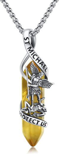 wholesale 925 Sterling Silver Citrine Yellow Stone Saint Michael Angel Protect Us Pendant Necklace Catholic Jewelry-Yellow