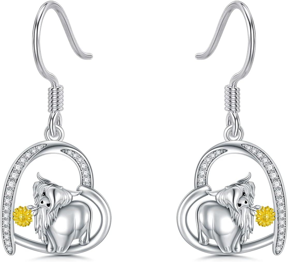 Sterling Silver Skull Stud Earrings with Lotus Hummingbird Squirrel Cow Gift for Women Men-Highland Cow