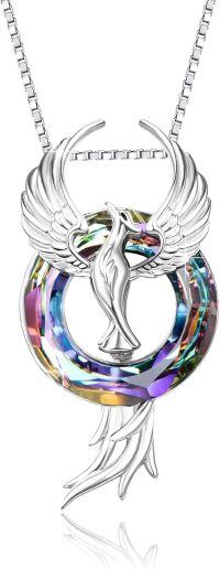 wholesale 925 Sterling Silver Rainbow Crystal Phoenix Pendant Necklaces for Women Girls Gifts Jewelry Accessories-Purp