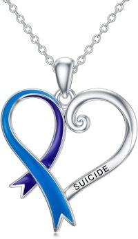 wholesale 925 Sterling Silver Blue & Purple Suicide Awareness Heart Ribbon Pendant Necklace-A-3
