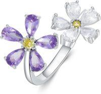 wholesale Sterling Silver Natural Amethyst Adjustable Forget Me Not Flower Ring-Size 6 7 8