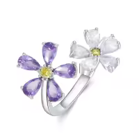 wholesale 925 Sterling Silver Natural Amethyst Adjustable Forget Me Not Flower Ring-Size 6 7 8