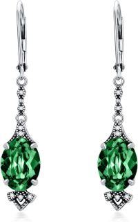 wholesale 925 Sterling Silver 9mm Oval Birthstone Vintage Leverback Dangle Drop Earrings-Emerald Green