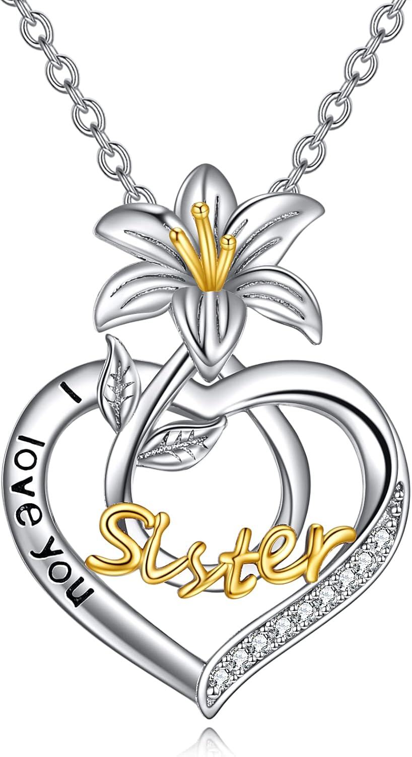  Sterling Silver Birth Flower Sister Necklace I Love You Sister Pendant Fashion Jewelry Gift for Women -05-May-Lily