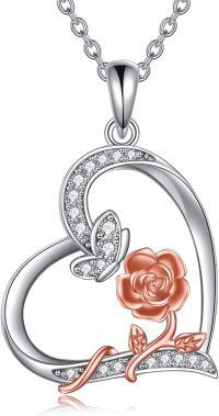 wholesale 925 Sterling Silver Heart-Shaped Pendant with Rose Flower and Butterfly Charm Necklace-Butterfly Rose Necklace