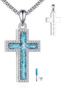 wholesale 925 Sterling Silver Turquoise Cross Pendant with Chain and Funnel Set - Memorial Keepsake Jewelry for Women-Cross