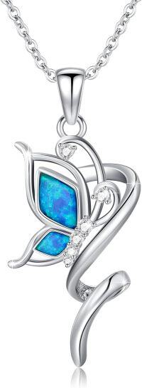 wholesale 925 Sterling Silver Blue Opal Butterfly Pendant Necklace with Cubic Zirconia Stones s for Women Girls-Butterfly Necklace - Blue Opal #2