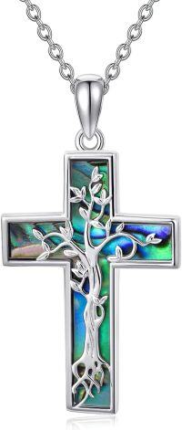 wholesale 925 Sterling Silver Abalone Shell Cross Tree of Life Pendant Necklace with Hummingbird and Butterfly Design-2-tree of life