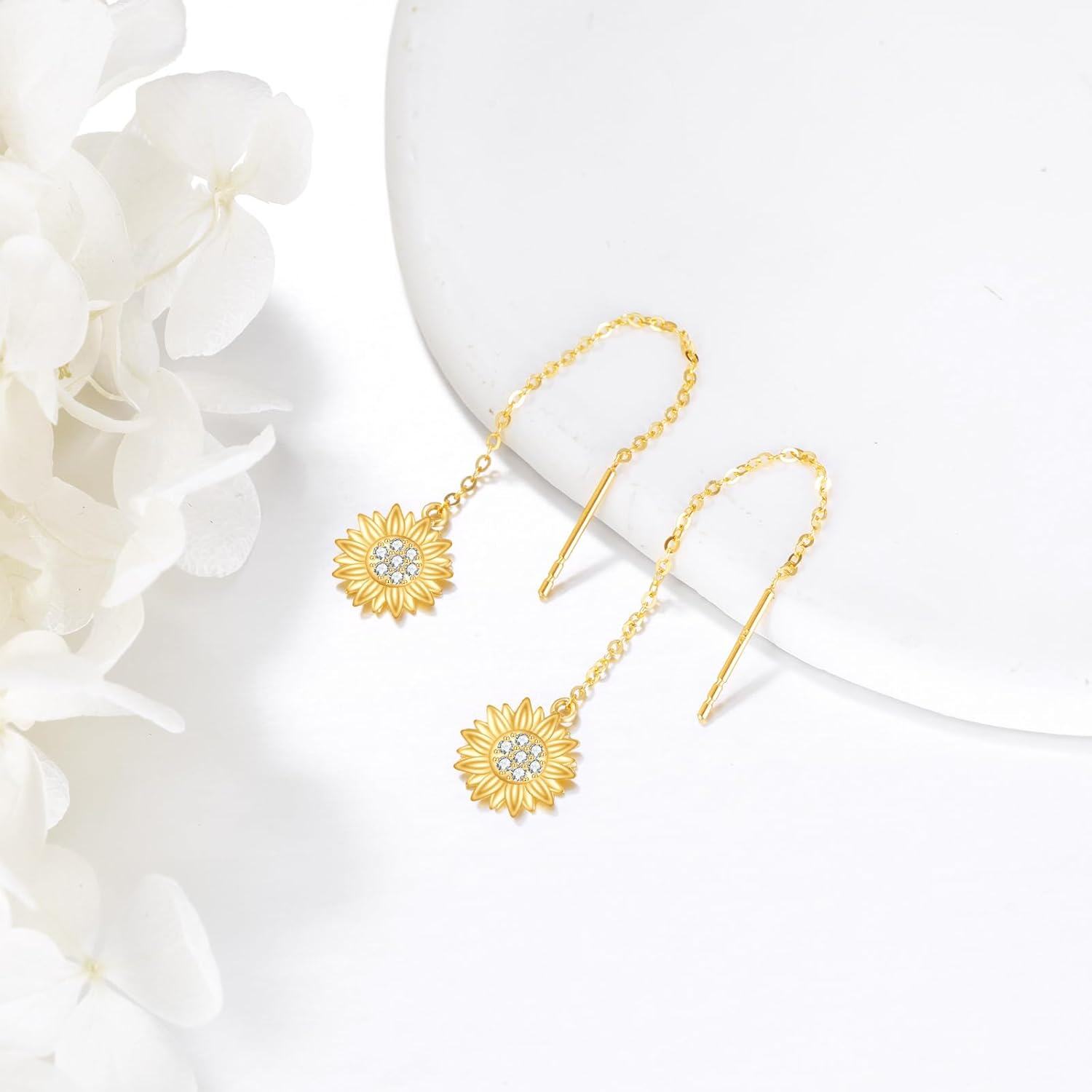 wholesale 14K Gold Sunflower Dangle Earrings with Gift Box, 10.7mm Sunflower Design, 55mm Chain, Adjustable for Daily Wear, Symbolic You Are My Sunshine Gift for Women-0-3