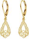 wholesale 10K Gold Filigree Rose Drop Leverback Earrings Fine for Women and Girls-0-0