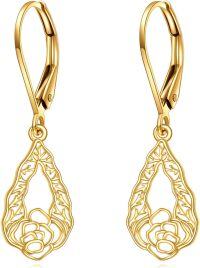 wholesale 10K Gold Filigree Rose Drop Leverback Earrings Fine for Women and Girls-Rose earrings