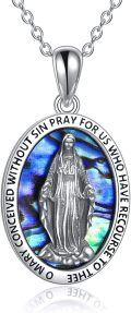 wholesale 925 Sterling Silver Virgin Mary Pendant Necklace with Abalone Shell and Pray for Us Inscription - Religious  for Women Girls-0-0