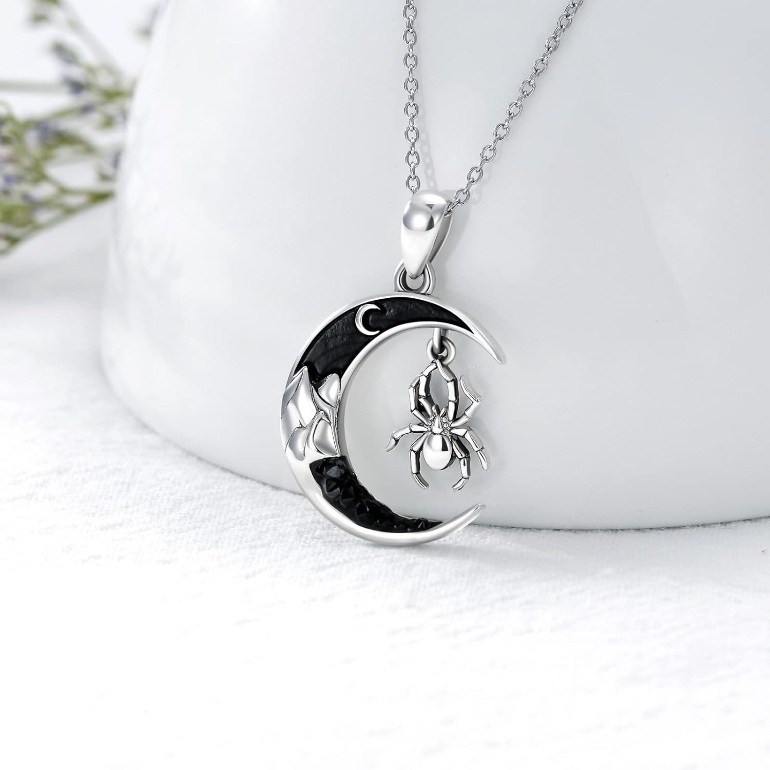 925 Sterling Silver Crescent Moon & Spider Necklace Pendant for Women Girls Gifts Jewelry Accessories 48cm Chain Length-0-3