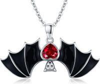 wholesale 925 Sterling Silver Black Enamel Red Crystal Heart Bat Pendant Necklace Gothic Jewelry for Women and Men Halloween Gift-Wings Spread