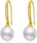 wholesale 14K Gold White Freshwater Pearl Drop Earrings with Diamonds-0-0