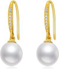 wholesale 14K Gold White Freshwater Pearl Drop Earrings with Diamonds-Bar Hooks-Pearl\/Moissanite