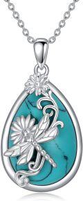 wholesale 925 Sterling Silver Teal Turquoise Dragonfly Flower Pendant Necklace-0-0