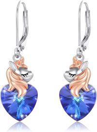 wholesale 925 Sterling Silver Unicorn Blue Crystal Heart Drop Earrings-Unicorn