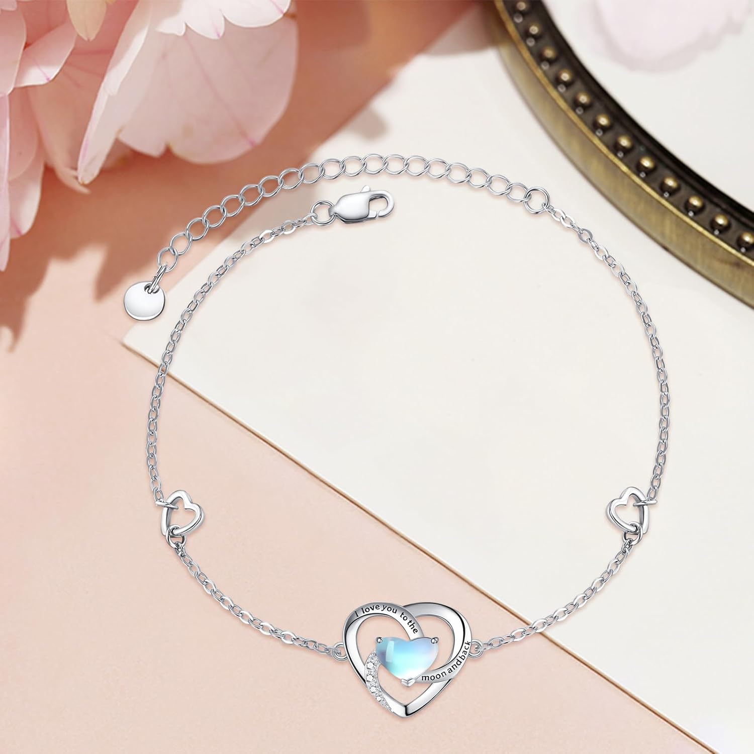 wholesale 925 Sterling Silver Blue Opal & Turquoise Heart Anklet - I love you to the moon and back Adjustable Valentines Day Gifts for Her-0-1
