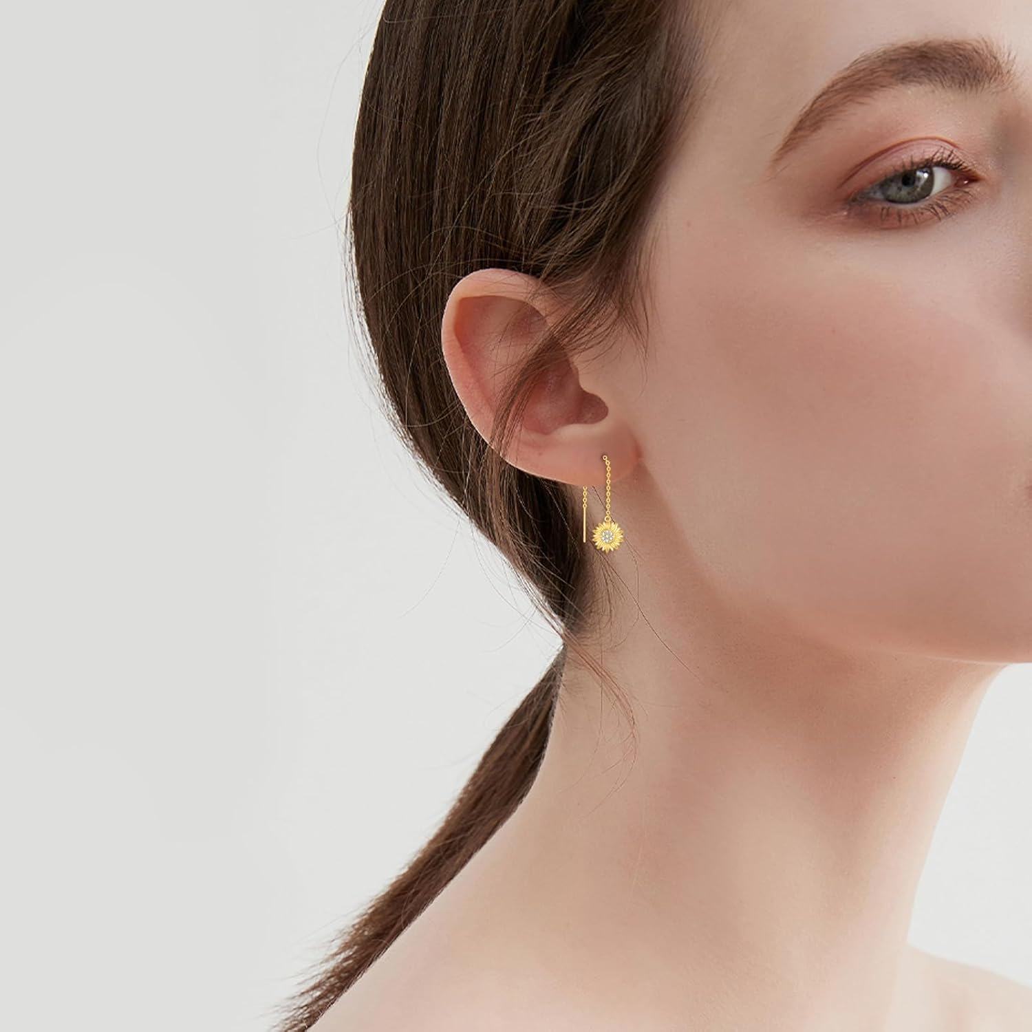 wholesale 14K Gold Sunflower Dangle Earrings with Gift Box, 10.7mm Sunflower Design, 55mm Chain, Adjustable for Daily Wear, Symbolic You Are My Sunshine Gift for Women-0-1