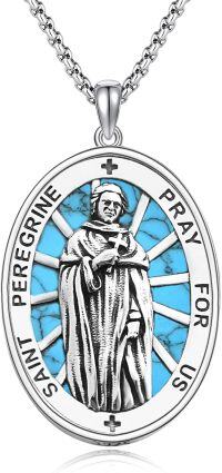 wholesale 925 Sterling Silver Turquoise St Peregrine Medal Prayer for Us Pendant Necklace-16a-St Peregrine-Turquoise-16a-St Peregrine-Turquoise