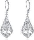 wholesale 925 Sterling Silver Filigree Tree of Life Heart Drop Leverback Earrings-0-0