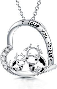 wholesale 925 Sterling Silver Cow Heart Pendant Necklace with Cubic Zirconia and Engraved Message I Love You Forever - Mother's Day Gifts for Mom Wife Girlfriend Daughter-Two Cow