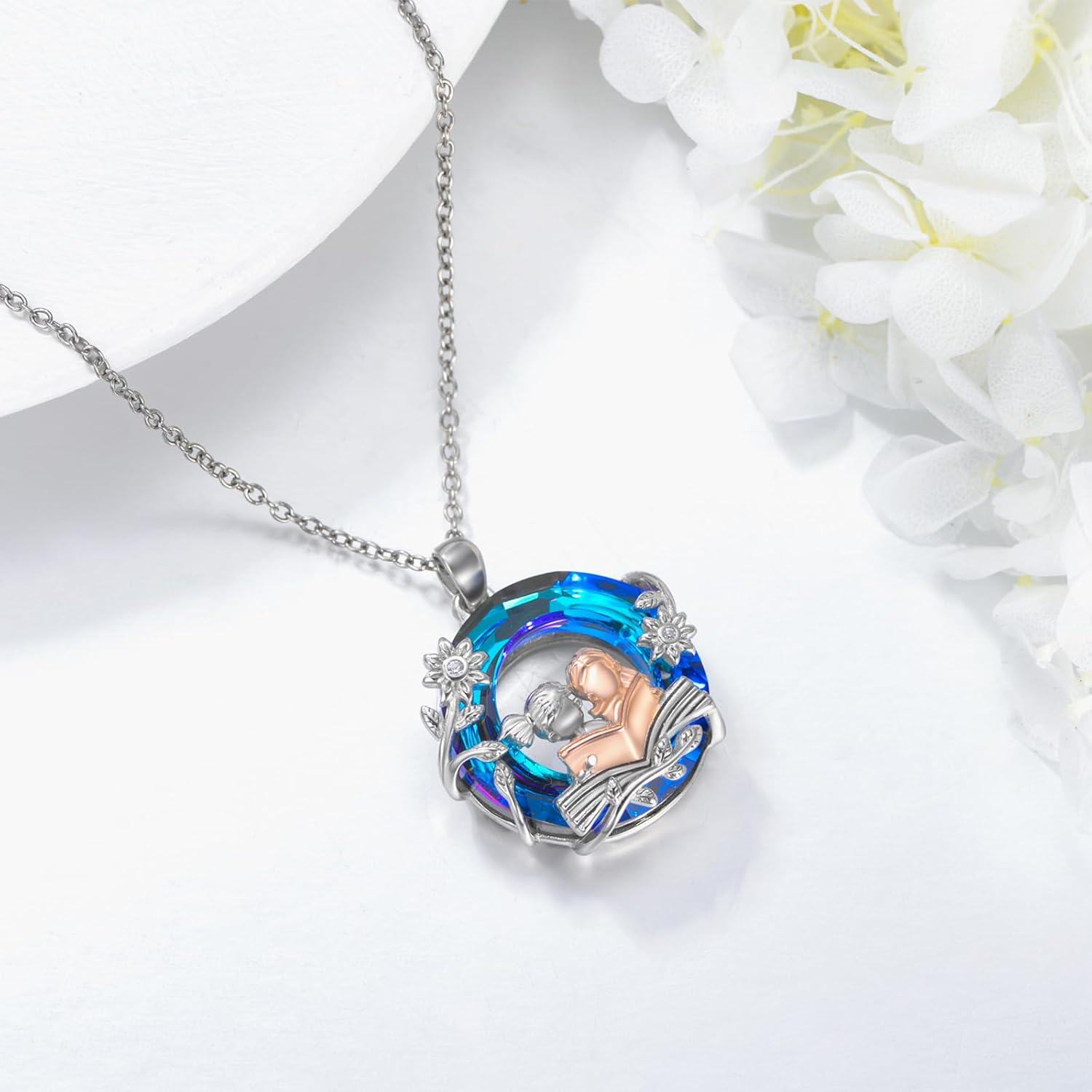 925 Sterling Silver Round Blue Crystal Love Reading Book Lover Gift Pendant Necklace-0-1