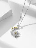 wholesale 925 Sterling Silver Crescent Moon with Gold Flowers and Kitty Charm Necklace Pendant-0-1