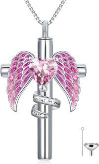 wholesale Sterling Silver Birthstone Angel Wing Cross Rose Heart Cremation Urn Necklace for Women with Funnel Kit ( chars)-Cross Non-personalized 10-Oct-Tourmaline-Cross Personalized 10-Oct-Tourmaline