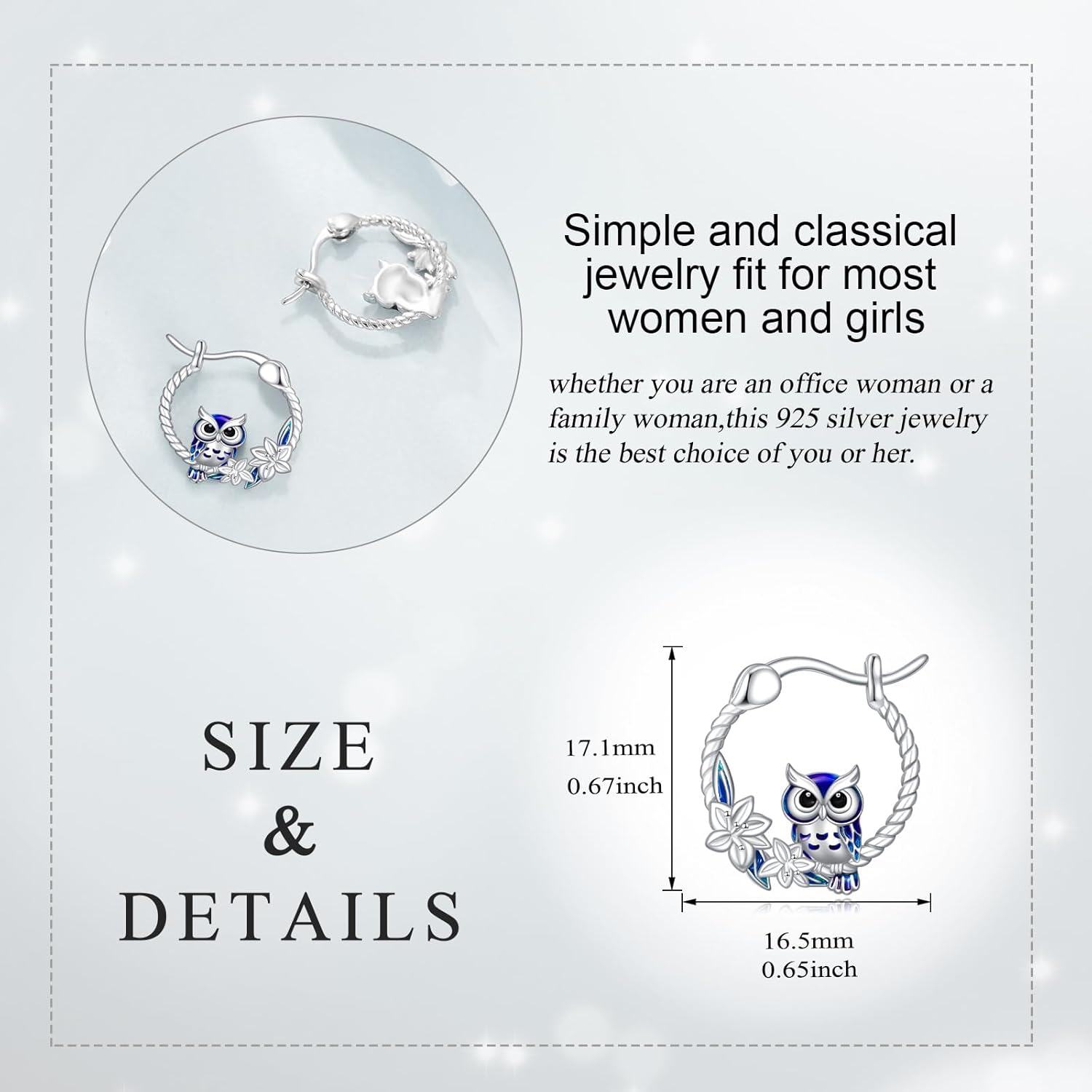 wholesale 925 Sterling Silver Owl Dangle Drop Earrings with Blue Enamel and Flower Accents for Women Girls  4cm Long-0-5