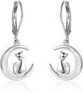 wholesale 925 Sterling Silver White Opal Moon Cat Dangle Leverback Earrings Gifts for Women and Girls-0-0