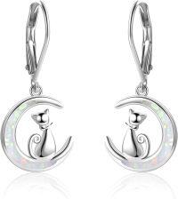 wholesale 925 Sterling Silver White Opal Moon Cat Dangle Leverback Earrings Gifts for Women and Girls-Silver Cat Earrings