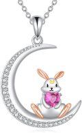 wholesale 925 Sterling Silver Pink Crystal Bunny on Crescent Moon Charm Necklace for Women Girls Gifts CUTE ANIMAL JEWELRY-0-0