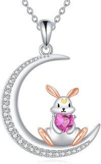 wholesale 925 Sterling Silver Pink Crystal Bunny on Crescent Moon Charm Necklace for Women Girls Gifts CUTE ANIMAL JEWELRY-Rabbit-A