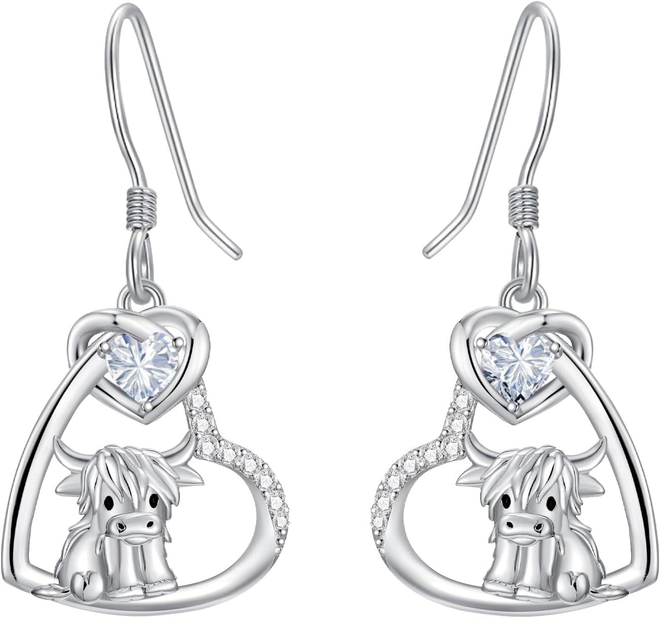 Sterling Silver Birthstone Highland Cow Dangle Earrings Scotland Western Gift-04-Apri-White