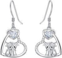 wholesale 925 Sterling Silver Birthstone Highland Cow Dangle Earrings Scotland Western Gift-04-Apri-White