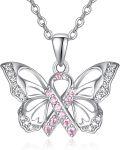 wholesale 925 Sterling Silver Pink Ribbon Butterfly Pendant Necklace - PTSD Awareness s for Women-0-0