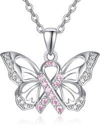 wholesale 925 Sterling Silver Pink Ribbon Butterfly Pendant Necklace - PTSD Awareness s for Women-Pink-Breast Cancer