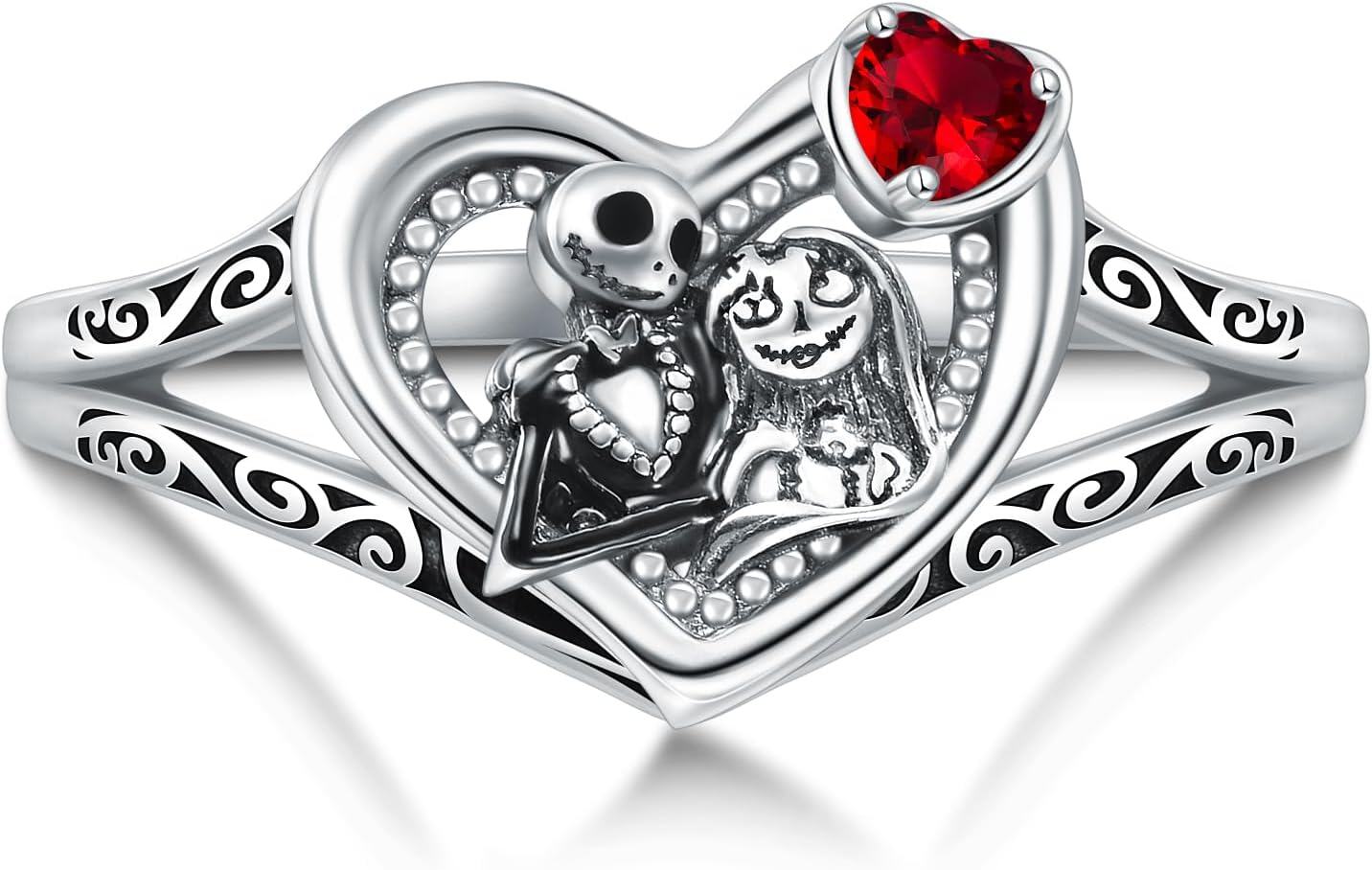 TOUPOP Sterling Silver Nightmare Rings For Women Jack And Sally Heart Ring With Red Zircon Jack Skellington Skull Jewelry Christmas Gifts For Women 