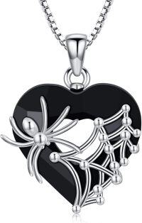 wholesale 925 Sterling Silver Spider Web Heart Shape Black Crystal Gothic Pendant Necklace-Spider