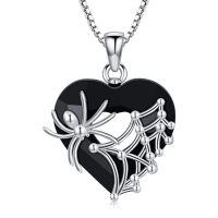 wholesale 925 Sterling Silver Spider Web Heart Shape Black Crystal Gothic Pendant Necklace-Spider