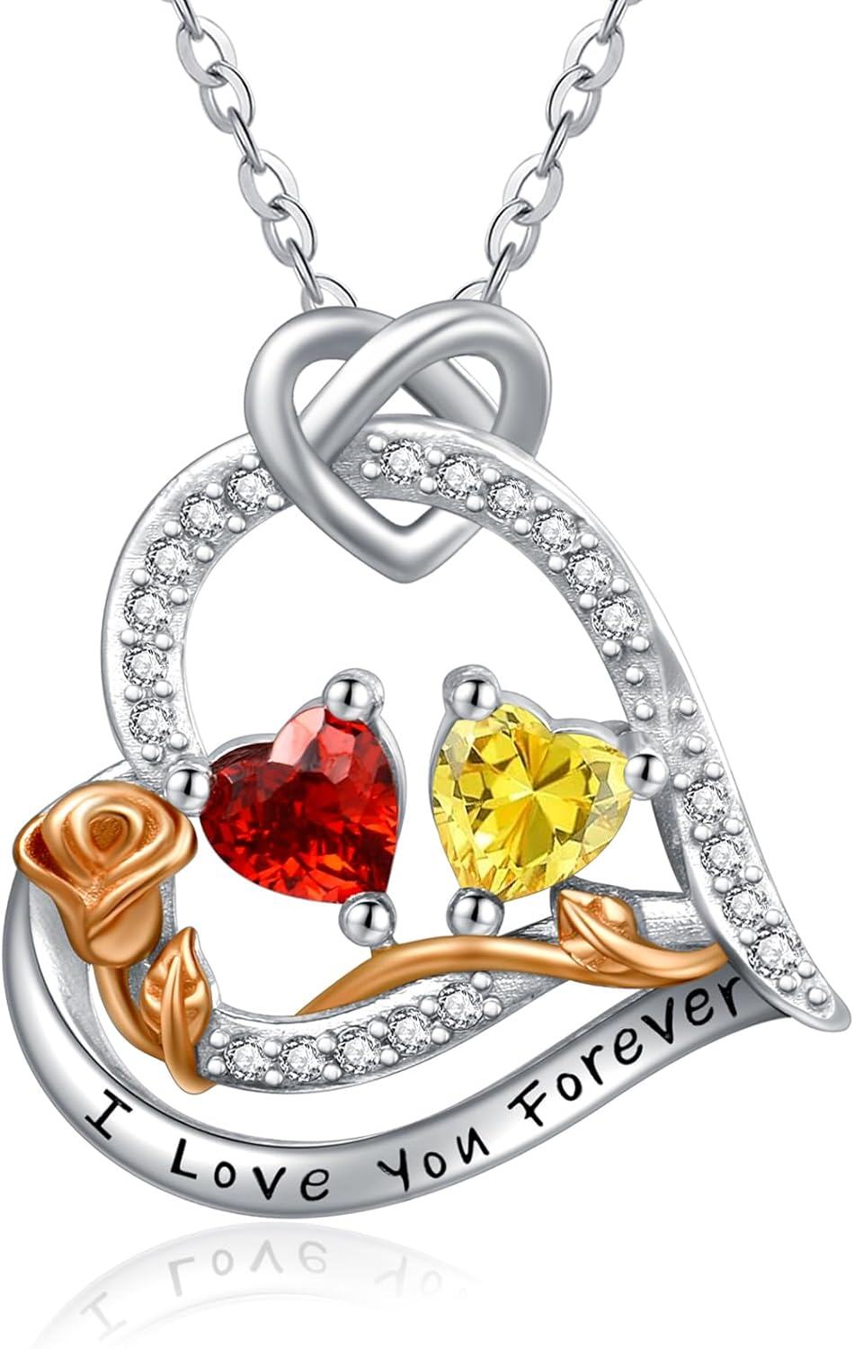  Sterling Silver 2 Birthstones Rose Heart Necklace for Women -01-11-Jan-Nov