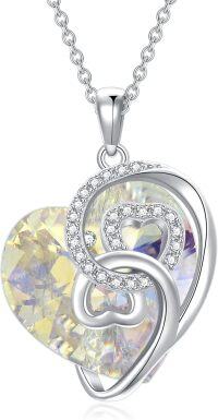 wholesale 925 Sterling Silver Clear Crystal Double Heart Pendant Necklaces Gifts for Women-Rainbow White