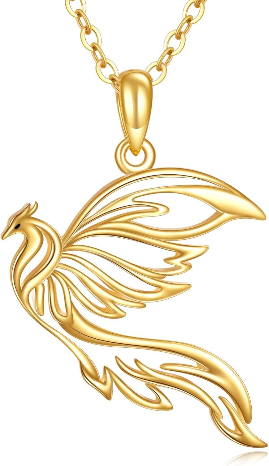 14K Yellow Gold Phoenix Pendant Necklace with Stone for Women Jewelry Gifts-Yellow gold phoenix necklace 3